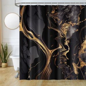 Uiiooazy Rideau Douche Noir Doré, Rideau de Douche Anti Moisissure 180x220cm Effet Marbre Gris Moderne Rideaux de Baignoire Tissu Lavable Imperméable Polyester Rideaux Salle de Bain avec 12 Crochets (dongguibinjingpinxiaodianpu, neuf)