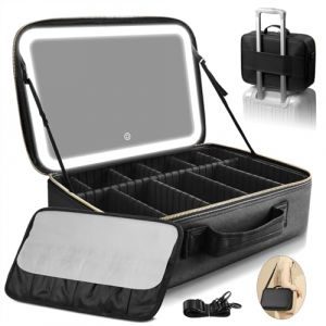 Trousse de Maquillage avec Miroir LED, Grand 38X28cm Professionnel Sac de cosm&eacute;tiques de Voyagea de Lumineux, bo&icirc;tier de Maquillage avec Miroir &eacute;clair&eacute;, 3 Modes d'&eacute;clairage, Couvercle en Cuir PU (heimidianzikeji, neuf)