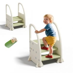 hoopyosms Marchepied Enfant Antidérapant à 2/3 Marches avec Poignées, Escabeau Sécurisé pour Cuisine, Salle de Bain et Toilettes, Vert (hoopyosms, neuf)