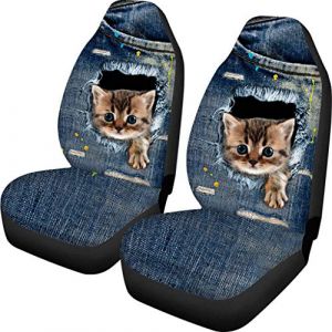 Biyejit Lot de 2 housses de siège baquet en jean avec motif chat mignon pour voiture et camion - Anti-poussière - Pour siège avant de voiture (XingTaiShiQuanZaiShangMaoYouXianGongSi, neuf)