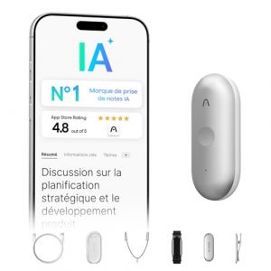 Plaud NotePin S Enregistreur Vocal IA avec Bouton Tactile Prise de Notes IA Transcription R&eacute;sum&eacute; IA Dictaphone Enregistreur Num&eacute;rique pour R&eacute;unions et Interviews avec 4 Accessoires Argent (Plaud Official, neuf)