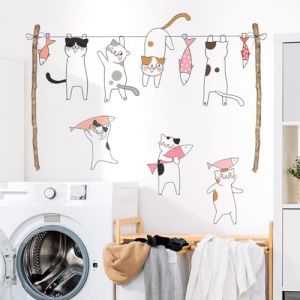 Tanlaby Stickers Muraux Chat Volant un Poisson Autocollants Muraux Corde à Linge Sticker Mural Amovible Deco Stickers pour Buanderie Chambre de Bébé Pépinière D'enfant Le Salon Décoration Murale (JDD store, neuf)