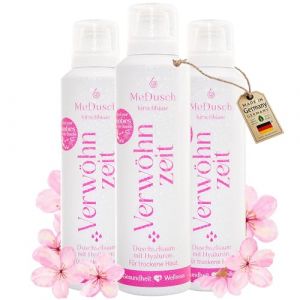 MeDusch Mousse de douche Verwöhnzeit (200 ml) - Fleur de cerisier (Sakura) avec acide hyaluronique végétalien dans un lot pratique de 3 (unisexe), un bain aromatique hydratant pour la douche (MeDusch, neuf)
