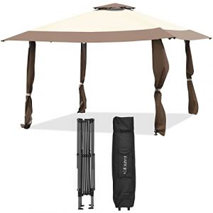 COSTWAY Tonnelle de Jardin Pliante Toit à 2 Niveaux 4Mx4M, Tente de Reception Imperméable Tissu Oxford à 3 Hauteurs Réglables 267-284CM Sac de Rangement, pour Cour Patio Plage (Marron) (FDS GmbH, neuf)