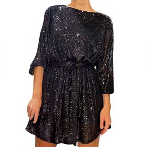 Robe Femme Chic Et Elegant De Soiree Tenue Fete Frange Années 20 Noire Longue Sexy À Paillettes Paillette Noir Soirée a Elegante Cocktail Charleston Deguisement Adulte Fête Costume Annee Courte Hiver (Jibian, neuf)
