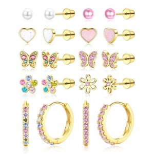 LOLIAS 10 Paires Boucles d'oreilles pour Fille Femmes Acier Inoxydable Creoles Or Coeur Perle Fleur Papillon Boucle d'oreille Enfant Fille Hypoallerg&eacute;niques Bijoux Cadeau Anniversaire Filles (LoliasEU, neuf)