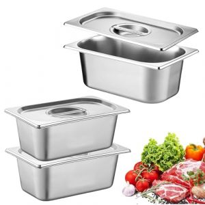3 Pièces Bac Gastronorme, Bac Inox Alimentaire avec Couvercle, Plat Inox Barbecue, Plat Rectangulaire pour Mariner Viande, Escalopes, Empilable Set à Panure, Récipient pour Cuisine 17.6x10.8x10cm (CEANNA, neuf)