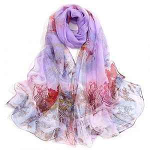 Dancila Dames Foulards En Soie Femmes Floral Imprim&eacute; Mousseline De Soie Foulard &Eacute;charpe Wrap Foulards 155 * 50cm Ch&acirc;les Tube &Eacute;charpe (Paysage violet/blanc/rouge) (Rembcom, neuf)