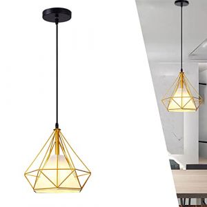 Suspension Luminaire Vintage Lustre Plafonnier Cage en Métal Rétro E27 Lampes de Plafond Forme Diamant avec Abat-jour en Tissu pour Chambre Salle à Manger Cuisine Salon, Noir blanc rouge vert (jaune) (xindaxin, neuf)