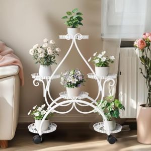 unho Porte Plante Intérieur à Roulettes: 6 Cache Pot Sur Pied Plante Intérieur Blanc Support Plantes Intérieur Métal Design Étagère Plante En Pot pour Salon Jardin Balcon - 73.5x30.5x84.5cm (UNHO, neuf)