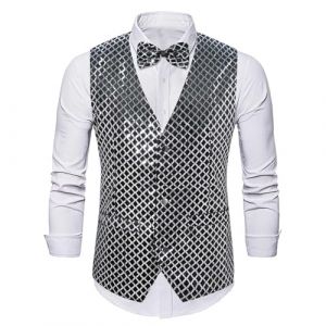 YOSUWOAI Gilet de costume pour homme - Gilet &agrave; paillettes avec n&oelig;ud papillon - Sans manches - Col en V - Gilet &agrave; paillettes brillant - Costume de carnaval pour mariage, f&ecirc;te, discoth&egrave;que, O argent&eacute;, M (LDeianp, neuf)