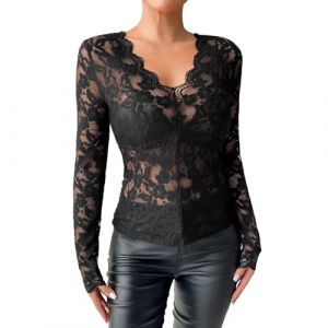 Haut Transparent Noir Femme Sexy Top Dentelle Femme soirée Tee Shirt Manche Longue Femme Chic et élégant Chemisier Femme Transparente et Sexy Tops en Filet à Mailles pour Festival (Black, M) (FATUS, neuf)