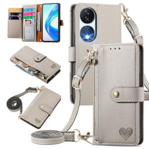 MOJIA Coque Porte Monnaie pour Honor 90 Smart/Honor X7b 5G / X7b 4G, Etui Anti-Chute Portefeuille en Cuir, Multifonctionnel Porte-Cartes avec Bandouli&egrave;re R&eacute;glable. Gris (Shangnai, neuf)