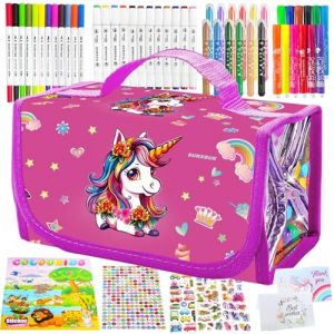 SUNXBUK Kit Feutres Coloriage Enfants 64 Pcs,Set de Coloriage pour enfants avec Trousse à Crayons,Crayons de Couleur,Stylos Aquarelle,Coloriage,Stylos à Paillettes,Cadeau Fille 4 5 6 7 8 9 10 Ans (WEB SAMSON, neuf)