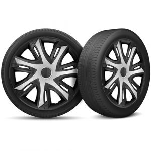 Moltico Enjoliveur - Set de 4 Universel Enjoliveurs - Adapt&eacute; &agrave; Toutes Roues en Acier - Enjoliveurs pour Auto - Anneau de S&eacute;curit&eacute; R&eacute;glable - 14 Pouces - Argent-Noir (Moltico-Shop, neuf)