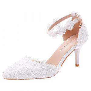 Jamron Femme &Eacute;l&eacute;gant Bout Pointu Talon Aiguille Escarpins Bride Cheville Dentelle Perles Chaussures de Mari&eacute;e Blanc SN0703212-1 EU38.5 (No.7 Fashion House, neuf)