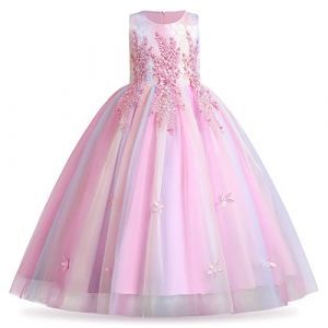 IWEMKE Enfants Filles Robe Mariage Tulle Dentelle Robe Princesse Longue Fleur Brod&eacute;e Soir&eacute;e Demoiselle d'honneur Robe Tutu sans Manches pour Pageant Bapt&ecirc;me F&ecirc;te Anniversaire Rose Color&eacute; 6-7 Ans (IWEMEK, neuf)