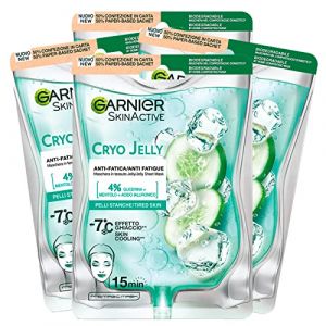 Garnier SkinActive Cryo Jelly Ice Effect Masque Visage Anti-Fatigue avec Traitement Raffermissant à l'Acide Hyaluronique pour Peaux Fatiguées et Ternes Formule Végétalienne - 5 Masque Jetables (Eurocali, neuf)