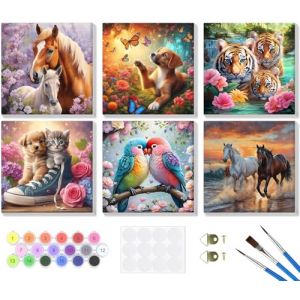 Lxmsja 6 Pièces Cheval Peinture Numero Adulte avec Cadre, Peinture par Numero Chat Chien, Oiseaux Numéro d'art Tigre avec Pinceaux, Loisirs Créatifs Adultes, Activité Manuelle Adulte, 20x20cm (SENQAO EU, neuf)