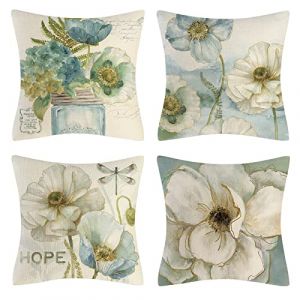 OCEUMACO Housse de Coussin 40x40 Fleuri Vert D&eacute;coratif Housses Coussins pour Canap&eacute; Lit Chaise Salon Lot de 4 Fleurs Jardin Moderne Taie d'oreiller en Lin Scandinave - Turquoise Beige (Oceum, neuf)