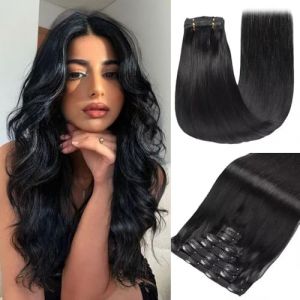 GUDOZO Extension Clip Cheveux Naturel Jet Black 7pcs 55cm 120g Naturel Clip Extension Cheveux Naturel Rajout Cheveux Clip Naturel Clip In Hair Extensions Human Hair Extension(22Inch,1#) (Yuzhoushi Tifuni Fazhipin Youxiangongsi, neuf)