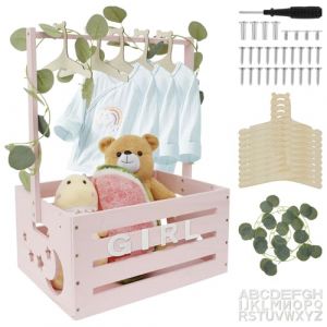 Panier en bois avec poignée - Armoire de fête prénatale - Boîte en bois pratique pour fête prénatale - Avec 10 cintres pour poupées et 24 lettres - 40 x 30 x 55 cm - Boîte de rangement pour bébé - (RODIWCX, neuf)