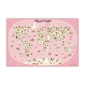 Sous-main effa&ccedil;able pour enfants - Carte du monde en rose avec des animaux en fran&ccedil;ais - 60 x 40 cm - en vinyle de haute qualit&eacute; (ASongman, neuf)
