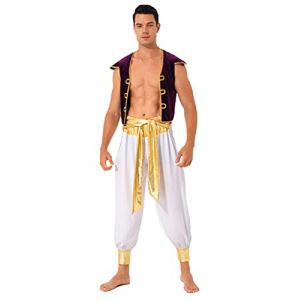 dPois Homme Déguisement Arabe Gilet Pantalon Costume Arabe Roi Prince Carnaval Partie Fête Jeux de Rôle A Blanc M (dPois eu, neuf)
