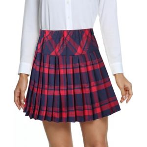 EXCHIC Femmes L'école Style A Ligne Elasticité Taille Haute Mini Plissée Jupe Plaid Ecossaise Kilt avec Pantalons(XXL, 1-Rouge) (EEVASS, neuf)