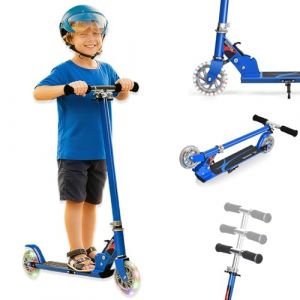 GYMAX Trottinette Enfants 3-7 Ans Pliable, 2 Roues Lumineuses, Hauteur Réglable à 3 Niveaux, avec Béquille, en Aluminium Léger Robuste, Charge Max 70 KG, Roulement Durable ABEC-7 (Bleu) (GYMAX EU, neuf)
