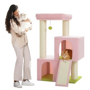 Petepela Grand arbre &agrave; chat de 11 cm d'&eacute;paisseur - Troncs avec double grotte extr&ecirc;mement grande, enti&egrave;rement recouvert de sisal - Convient aux grands chats - Hauteur : 114 cm - Noir/rose (PETEPELA, neuf)