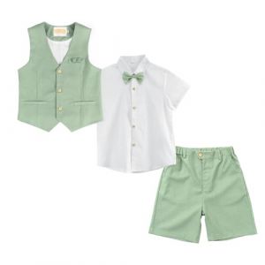 LOLANTA 4 pi&egrave;ces Costume Garcon Mariage Ete, Tenue Enfant Garcon Ceremonie, V&ecirc;tement Bapt&ecirc;me Anniversaire Gar&ccedil;on Page, Ensemble Costume Short Lin Gile Chemise avec n&oelig;ud Papillon, Vert, 5-6 Ans, 120 (LOLANTA, neuf)