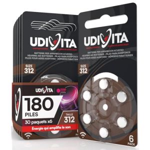 180 Piles Auditives PR41 Taille 312 Udivita Type Zinc-Air - 30 Blisters de 6 Piles (Eurocali, neuf)