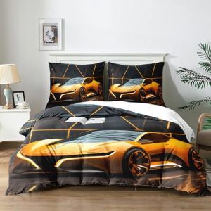 Yzehomijia Housse de Couette Voiture de Course 220x240 cm，Enfant Parure de lit imprim&eacute; Ensemble 3D，Design Cool de Sport extr&ecirc;me en Microfibre Douce, avec 2 taies d'oreiller 65&times;65cm.(P4&times;220) (Toyqfc, neuf)