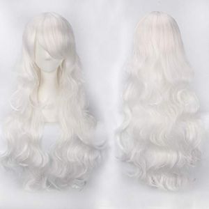 80 cm de long ondulé argent gris beige blanc cosplay perruque Costume fête femmes Halloween 80 cm bouclé blond noir perruques de cheveux synthétiques perruque blanche commune K027-17 (good stuff A, neuf)