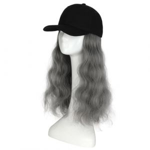 Casquette de baseball réglable avec perruque synthétique avec extensions de cheveux pour femme attachée 61 cm de long ondulé noir (chapeau noir avec cheveux gris) (CelestialChord, neuf)