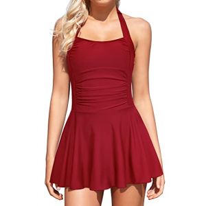 SHEKINI Femme Elégant Ruched Encolure Carrée Maillot de Bain 1 Pièce avec Jupette Réglable Bikini Robe de Plage Dos Nu Abdominal Contrôle Maillot Une Pièce Jupette（L，Rouge） (DODO BIKINI, neuf)