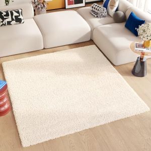TAPISO Essence Carré Tapis Shaggy Poils Longs Moderne Beige Uni Tapis Salon Chambre Adulte Enfant Descente de Lit Moelleux Super Soft Epais Oeko-TEX 120 x 120 cm (TAPISO-FR, neuf)