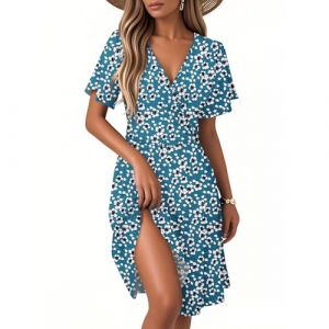Robe Femme Longue Boheme Robe de Cérémonie Femme Fleurie Ronde Robes Chic Elegant Mi Longue Vetement Dress Grande Taille Femmes Moulante Décontractée Dress Plage Bal D'été (A Sky Blue,XX-Large) (QU-XINYU, neuf)