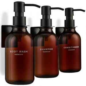 MaisoNovo Distributeur de shampoing et d'apr&egrave;s-shampoing - Distributeur de Savon de Douche Mural - 500 ML Lot de 3 flacons en Plastique ambr&eacute; Pompe Noire - 3 Compartiments sans per&ccedil;age (Maisonovo, neuf)