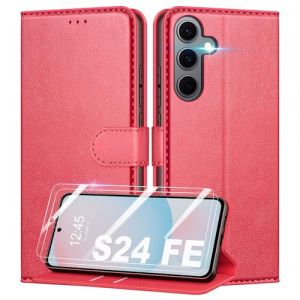 Mofurd Coque pour Samsung Galaxy S24 FE + 2 Pi&egrave;ces Verre Tremp&eacute;, [RFID Blocage] &Eacute;tui de Protection Housse Premium en Cuir PU, [Fentes pour Cartes] Pochette de Portefeuille Etui &agrave; Rabat - Rouge (M-F Store, neuf)