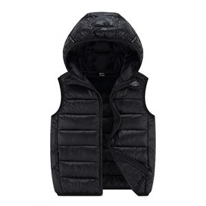 Doudoune Sans Manche Enfant Gar&ccedil;ons Fille Duvet Hiver Matelass&eacute; Veste &agrave; Capuche Gilet Couleur Unie D&eacute;Contract&eacute;e D'Ext&eacute;rieur Chaud Gilets &agrave; Capuche Avec Zipp&eacute;e Manteau En Duvet (Y4-Black, 10-12 Years) (Principal-LIKE, neuf)