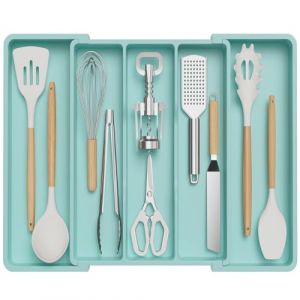 Lifewit Range Couverts pour Tiroir, Grand Plateau de Couverts Extensible pour la Cuisine, Support Réglable pour l'Argenterie et les Couverts, Range Couvert pour Outils et Gadgets, Grand, Turquoise (Lifewit Home FR, neuf)