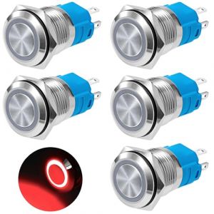 QIMEI-SHOP Bouton Poussoir Momentané 16mm Interrupteur Poussoir 12V/24V DC 3A Étanche Interrupteur à Bouton-poussoir en Laiton Chromé avec Lumière LED Anneau Rouge 5 Pièces (QIMEI-SHOP, neuf)