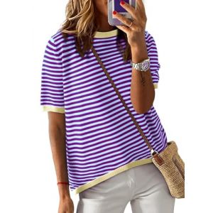 Cuptacc T-shirt en coton pour femme - Haut d'&eacute;t&eacute; ray&eacute; - Col rond - Basique - Manches courtes - Tunique &eacute;l&eacute;gante - Blanc et noir, lilas, XXL (CuptaccFashion, neuf)