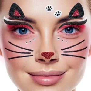 2pcs Autocollant de visage, chat autocollant visage, Glitter visage tatouage carnaval, temporaire Glitter visage autocollants pour cosplay carnaval Halloween (RHSEMI-EU, neuf)