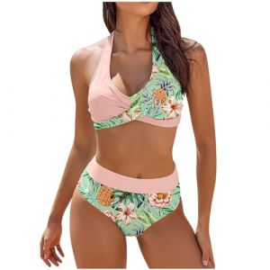 2025 Maillot De Bain Femme 2 Pieces Gainant Ventre Plat Ensemble De Bikini Taille Haute Maillots Deux PièCes Push Up Rembourré Maillot de Bain de Plage à Imprimé Hawaïen, Rose, L (Zawalud, neuf)