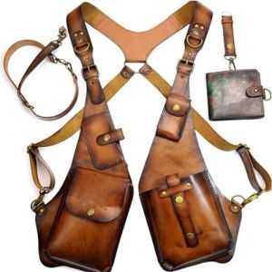 vokkrv Sac de harnais d'épaule Steampunk,harnais homme torse, Harnais antivol, Double portefeuille sac sous de taille étui antivol pour hommes femmes,portefeuille à sangle en cuir Pu réglable (Café) (EnviableVB, neuf)