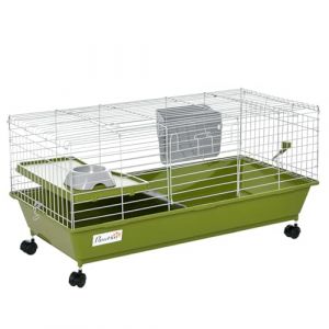 PawHut Cage pour petits animaux - Lapin, cochon d'Inde, chinchillas - Avec roulettes - Bouteille d'eau - Plateforme - Rampe - 89 x 45 x 40 cm - Vert (Aosom MHSTAR FR, neuf)
