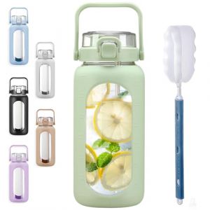 BLUEGO 2L Gourd en verre Avec paille Marqueur de temps Bouteille d'eau Motivation avec manchon en silicone 2 litres Grande carafe d'eau en Verre pour Gym, sports et entra&icirc;nement, Vert (Banxiashenghua, neuf)